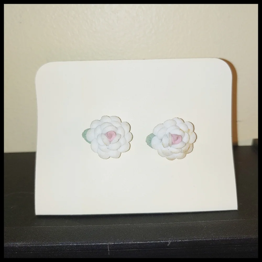 Vintage Porcelain White/Pale Pink Rose Post Earrings